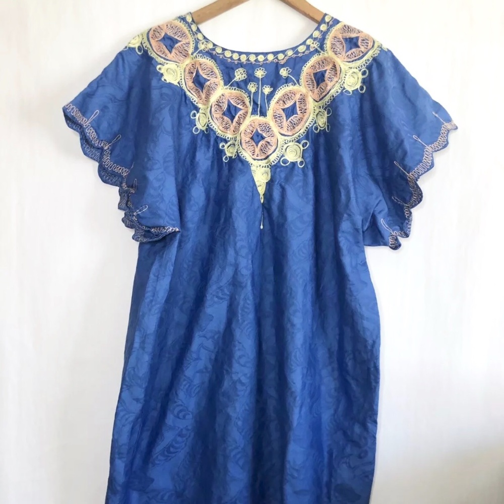 Mumu Oversized House Dress Kimono Tunic Embroidered Blue Yellow Peach